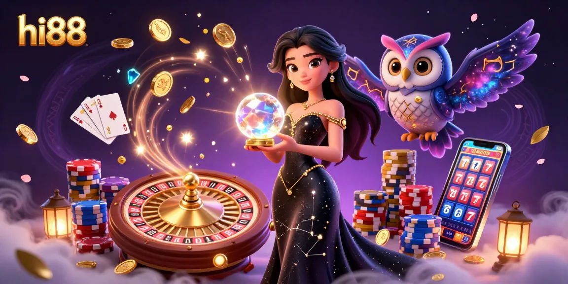Experience the magic of hi88 with a mystical woman and owl amidst vibrant casino elements.