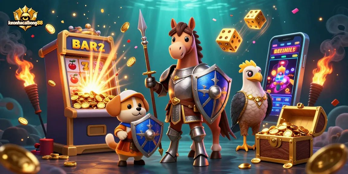 Experience the excitement of keonhacaibong88 through a dynamic 3D gambling scene featuring knights and golden wins.