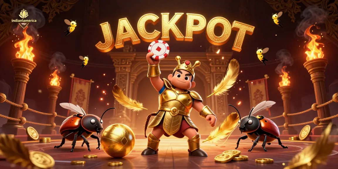 Celebrate a WIN at indianiamerica, featuring dynamic beetle characters in a vibrant casino scene.