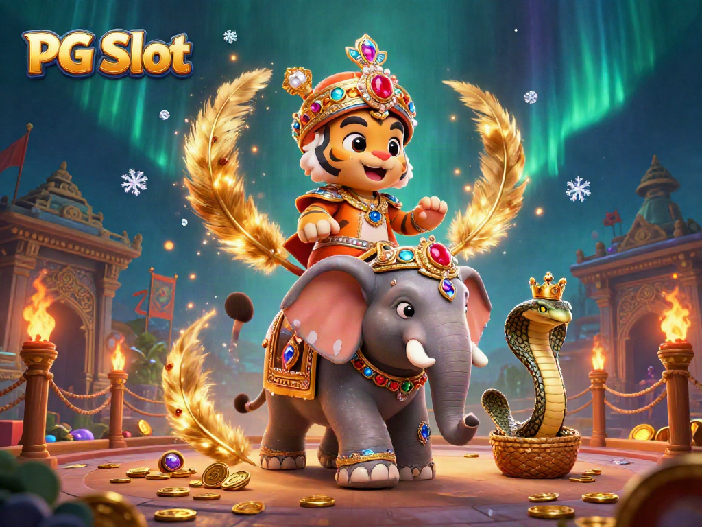 Experience thrilling gameplay with the PG Slot featuring a vibrant tiger maharaja and elephant amidst casino elements.
