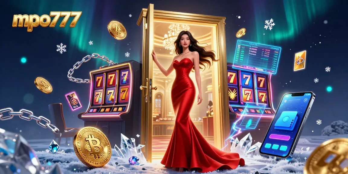 MPO777 features a glamorous casino scene showcasing a beautiful Asian woman in a red gown amidst vibrant gaming elements