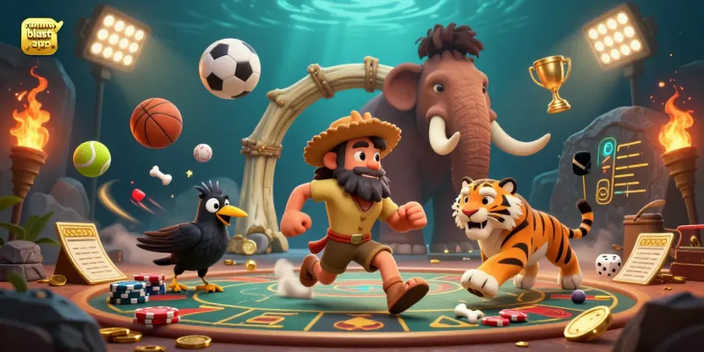 Experience the excitement of the rummy blast app illustrated with dynamic characters and action.