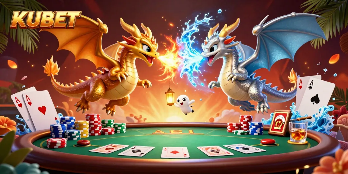 KUBET casino scene with 3D dragons and poker elements, showcasing thrilling gameplay.
