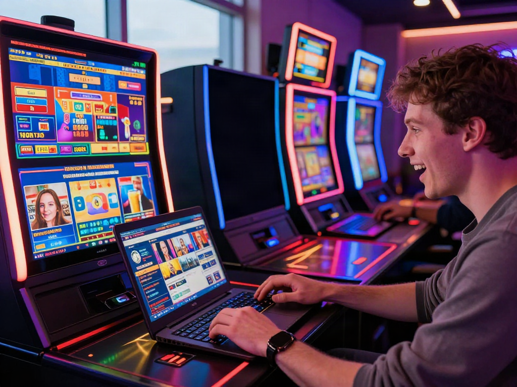 Exciting online gambling scene featuring a player on a slot server thailand website, focused on multiple gaming interfaces.