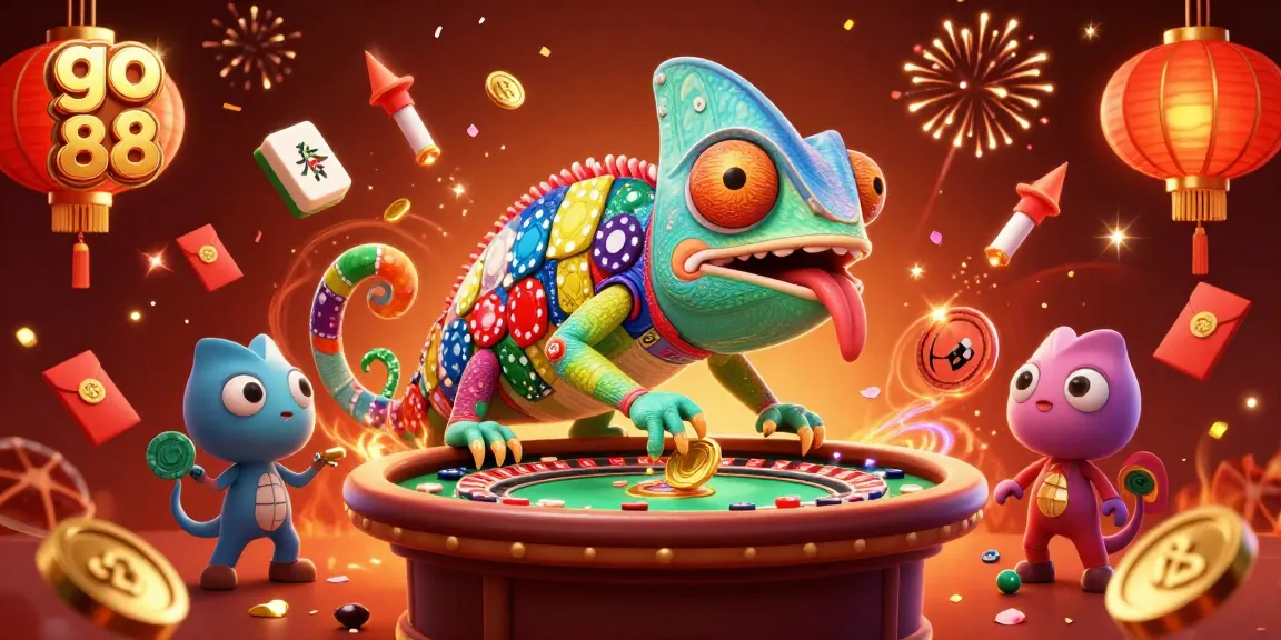 Engage with go 88 in this vibrant casino scene featuring a colorful chameleon owner and festive elements.