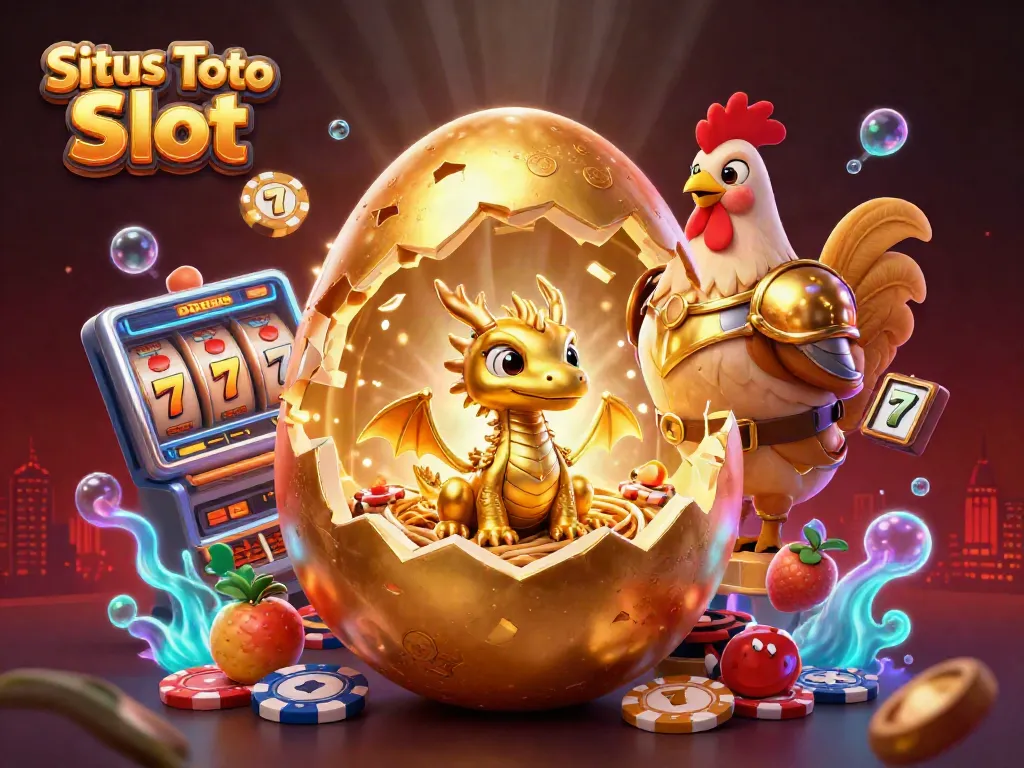 Menangkan jackpot di Situs Toto Slot dengan ilustrasi karakter unik yang menggabungkan slot, poker chip, dan efek visual menarik.