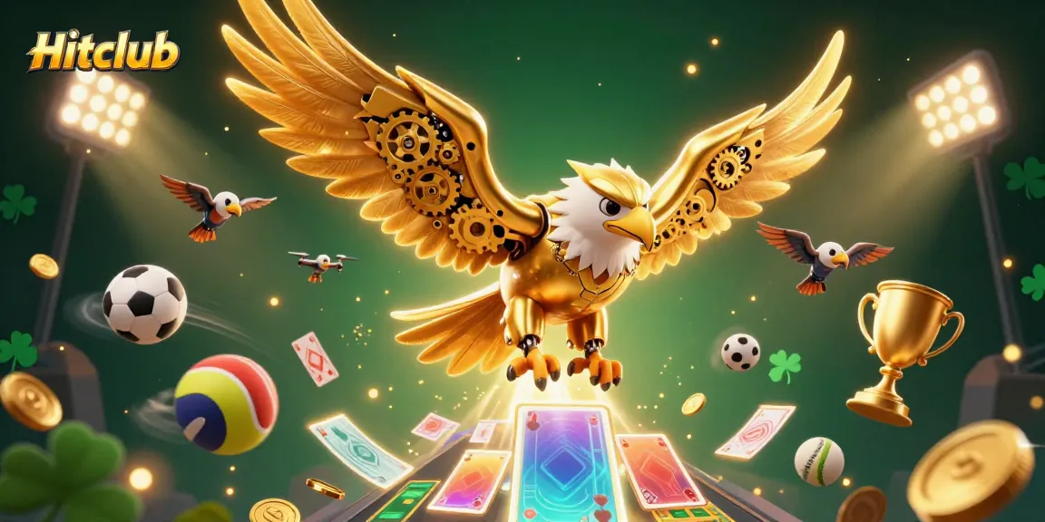 Experience thrilling gameplay at Hitclub with a golden eagle soaring through holographic cards and sports elements.