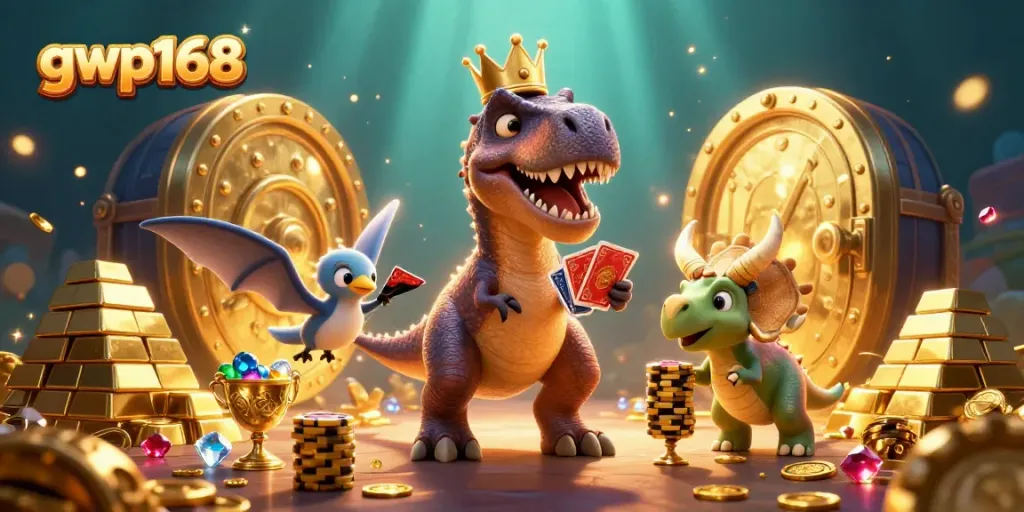 Permainan menarik di GWP168 bersama T-Rex, Pterodactyl, dan Triceratops sambil bermain kartu dan menyusun chip emas.