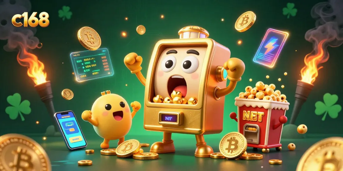 C168 slot machine celebrating a jackpot win, surrounded by crypto coins and vibrant elements