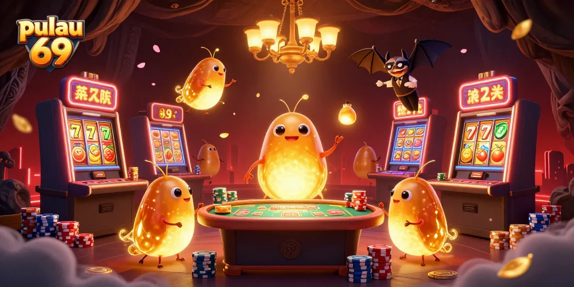 Pulau 69 shines in a vibrant 3D casino scene with glowworms lighting the tables and slots.