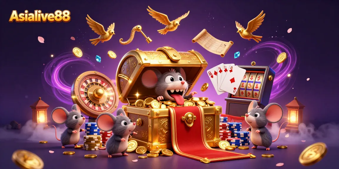Asialive88 captures an adventurous scene of treasure with golden coins and casino elements.