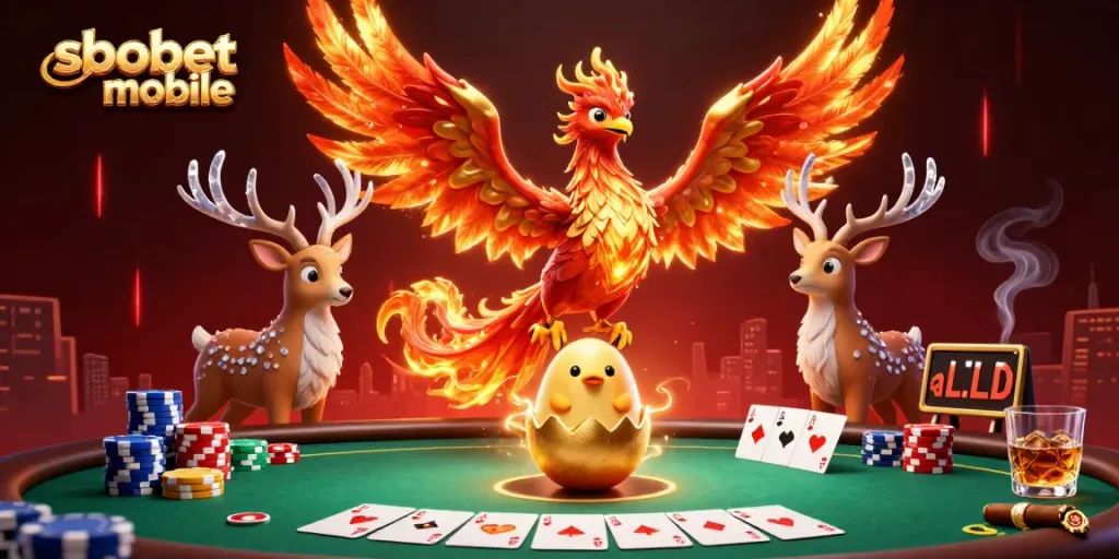 Experience sbobet mobile with a vibrant scene of a phoenix and poker elements in action.