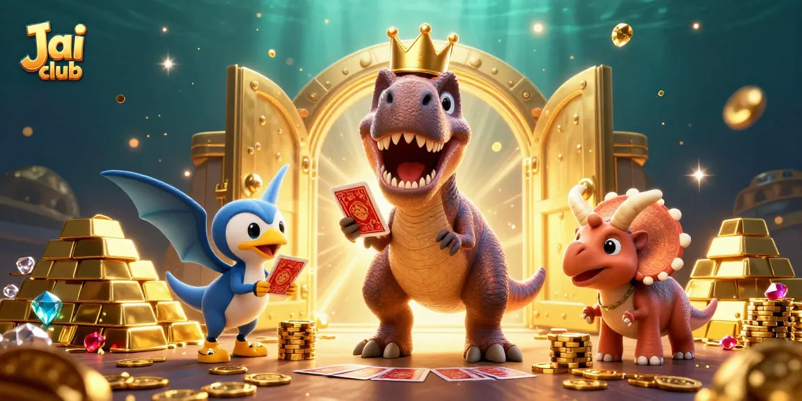 Experience the Jai club with a friendly 3D T-Rex, pterodactyl, and triceratops in a vibrant casino scene.