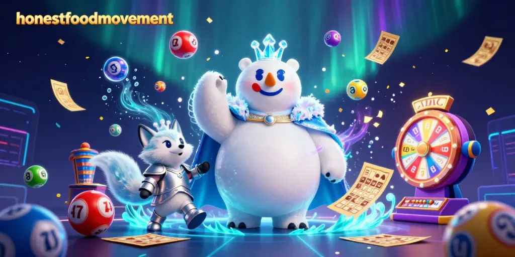 Engage with the honestfoodmovement in a vibrant 3D casino adventure featuring dynamic lottery elements and a whimsical polar bear.