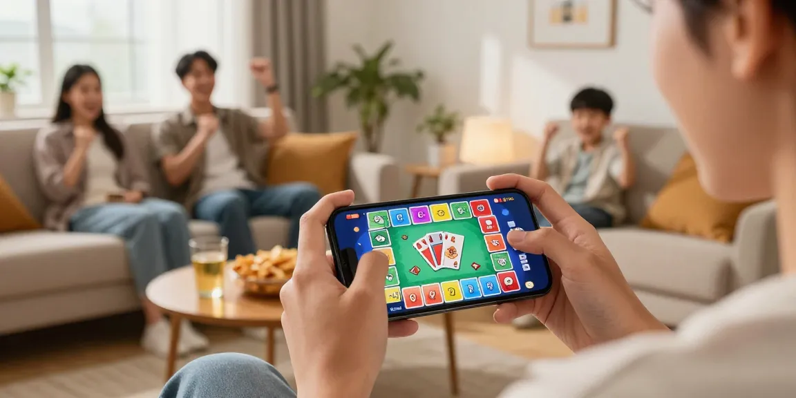 Play rummy on a cozy couch with vibrant game graphics, friends cheering.