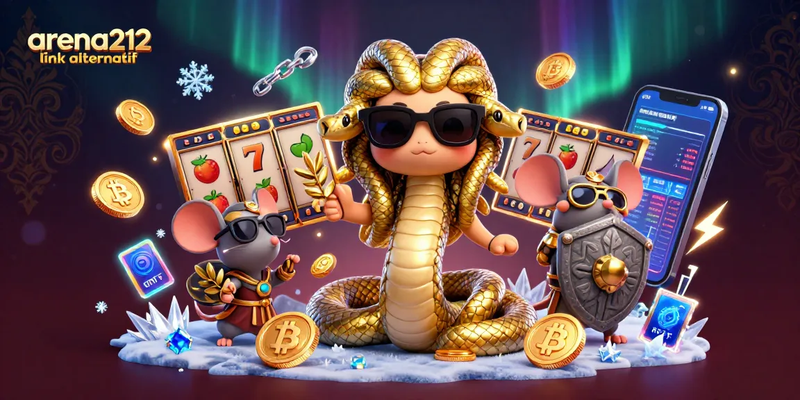 Mengakses arena212 link alternatif dengan slot jackpot yang menggiurkan dan karakter yang ramah dalam ilustrasi 3D.