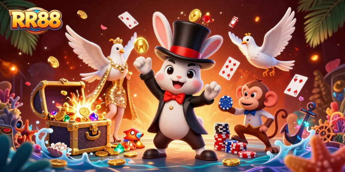 RR88's captivating scene with a magician rabbit, dove, and monkey amid dynamic casino elements.