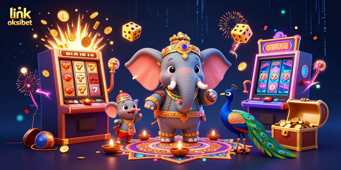 Bermain slot dengan link oksibet, gajah kartun berornamen emas, simbol keberuntungan, dan lampu minyak.