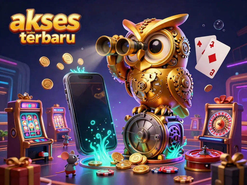 Akses link slot terbaru dalam ilustrasi 3D yang menampilkan kawanan karakter kasino dan mesin slot berkilau
