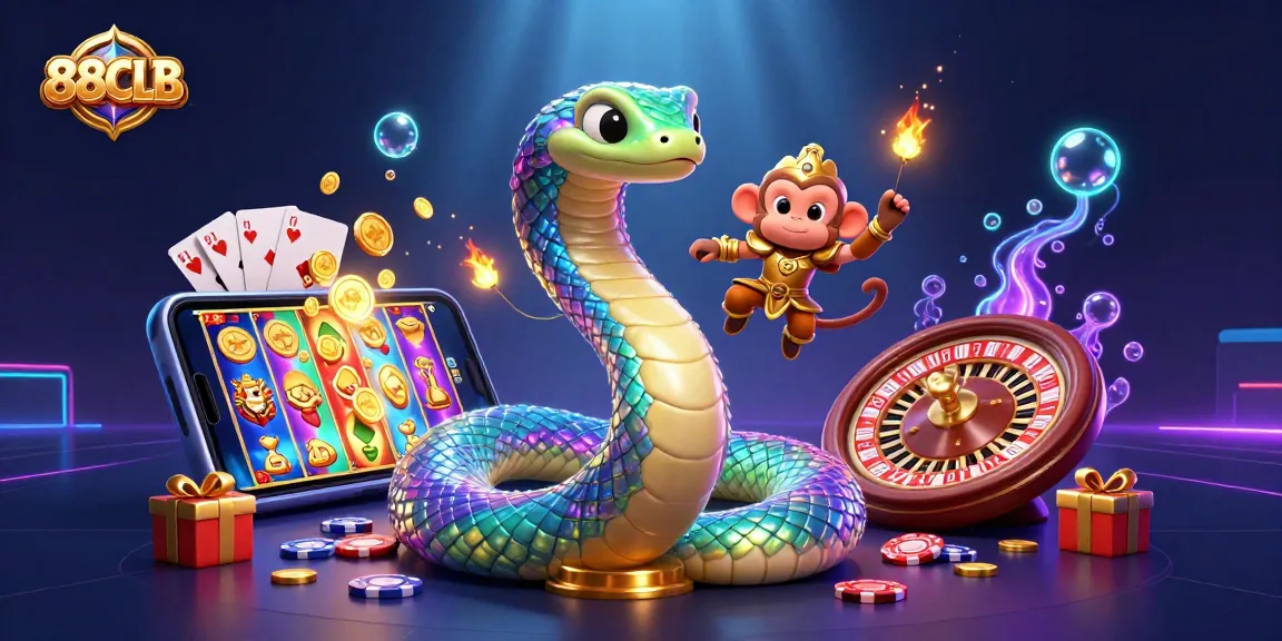 Engage in thrilling gameplay at 88CLB with dynamic slot and casino games glimmering in a vibrant 3D scene.