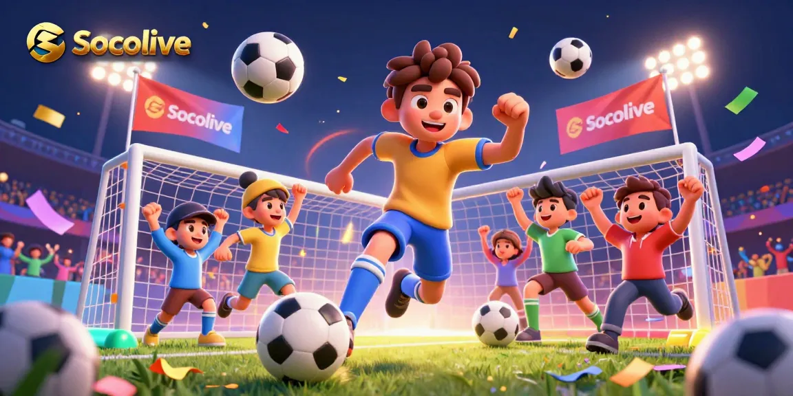 Socolive enhances sports betting excitement with a dynamic soccer scene depicting action, cheering fans, and betting elements.