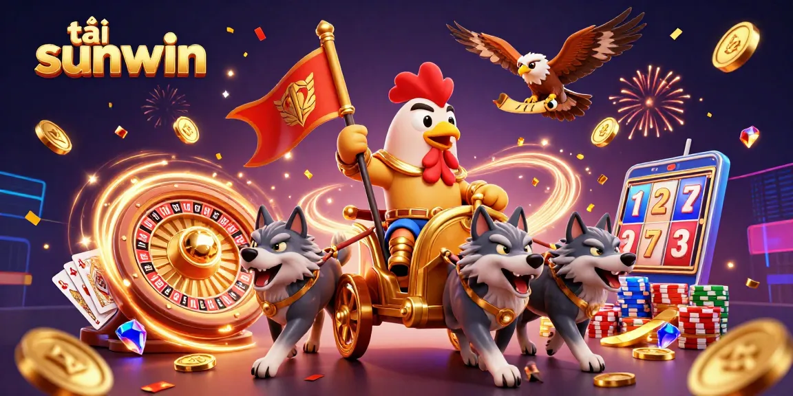 Engage with tải sunwin in this vibrant casino scene featuring a rooster warlord and wolves amidst gold coins.
