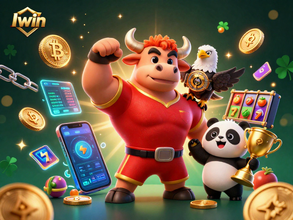 Iwin casino scene features a winning bull mascot, a champion eagle, and a happy panda amid exciting slot game elements.