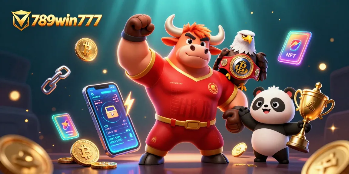 Experience the excitement of 789win777 with a triumphant bull mascot, eagle, and panda in a vibrant casino scene.