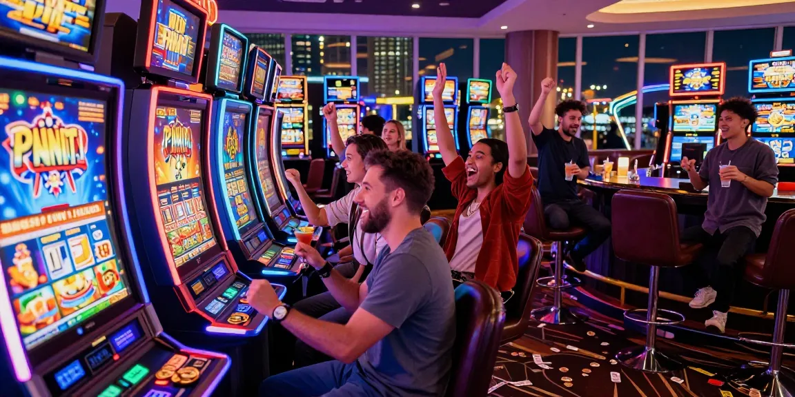 Suasana kasino di https://honda555.net/ dengan pemain slot merayakan kemenangan dan lampu berwarna-warni.