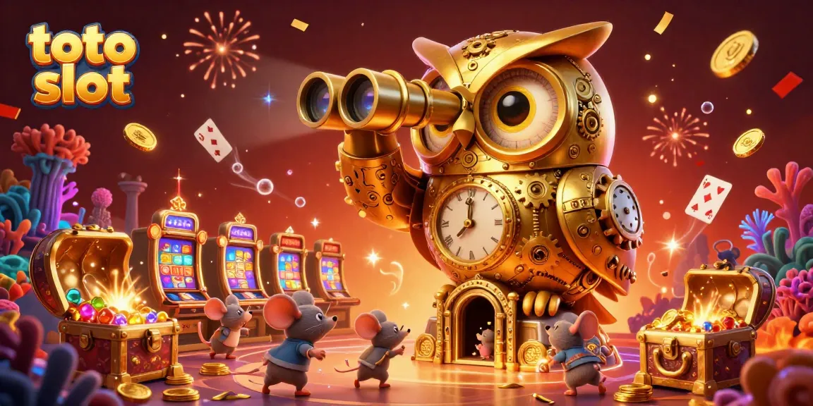 Spin the reels at toto slot as a golden owl watches over a bustling casino scene filled with excitement!