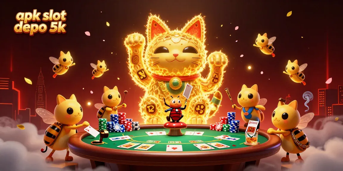 Experience the thrill of apk slot depo 5k with a giant lucky cat among casino symbols and vibrant poker elements.