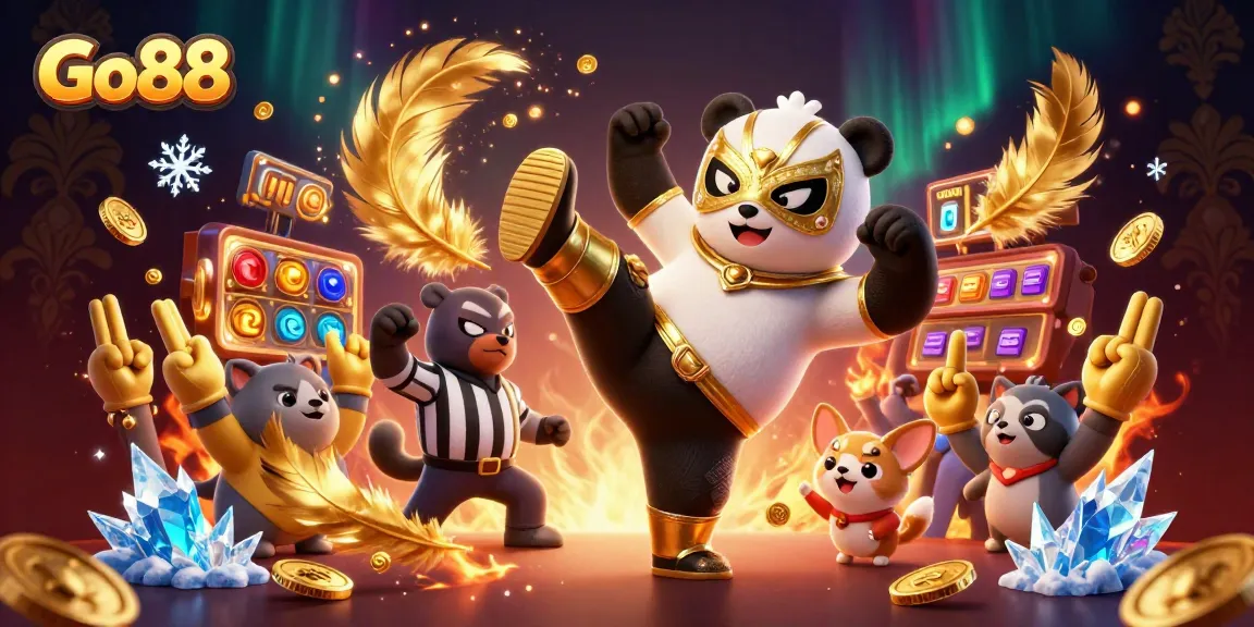Win big at Go88 with an exciting scene featuring a flying panda wrestler in a vibrant casino.