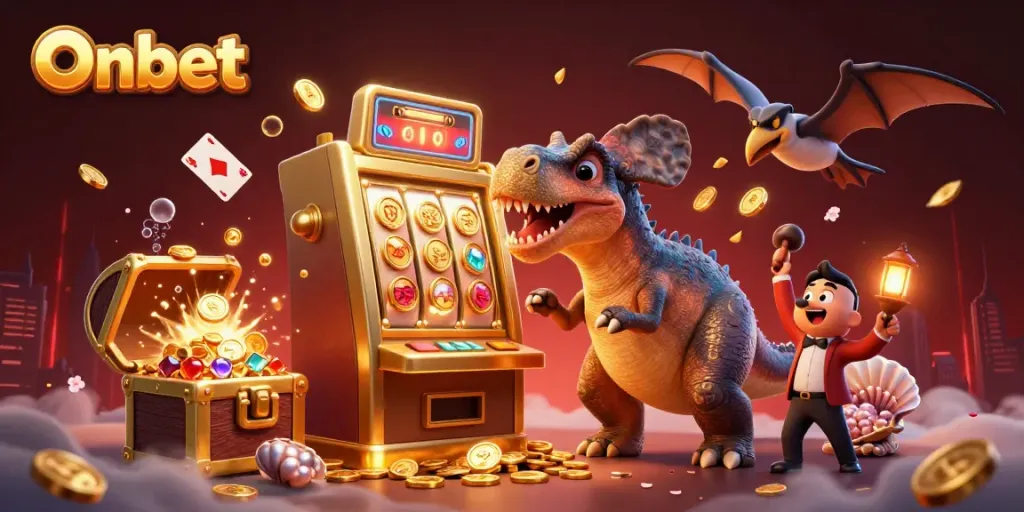 Onbet jackpot scene with dinosaur characters celebrating casino wins through a dynamic 3D illustration.