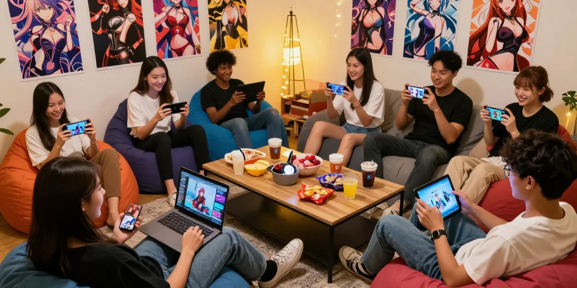 Friends playing engaging hentai games in a cozy gaming room with colorful anime decor