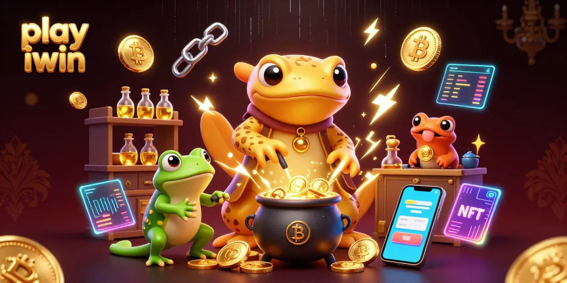 Play iwin with a vibrant scene featuring a golden salamander alchemist and crypto elements in a fantasy setting.