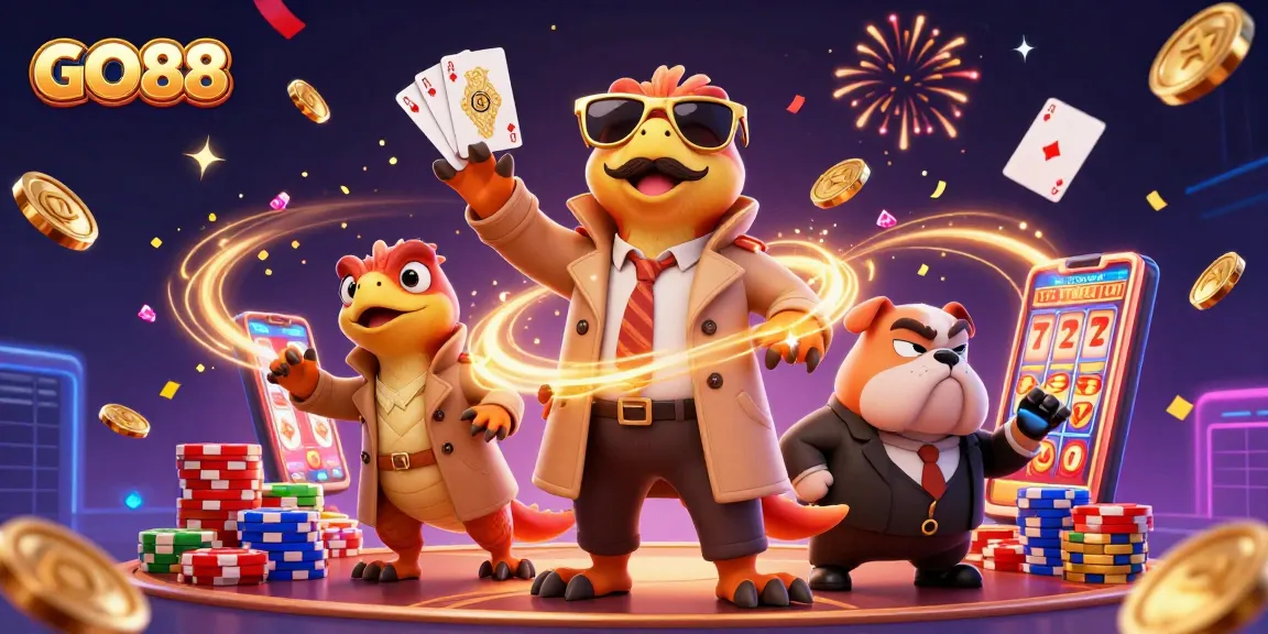 Experience the excitement at GO88 with animated casino characters and thrilling game action.