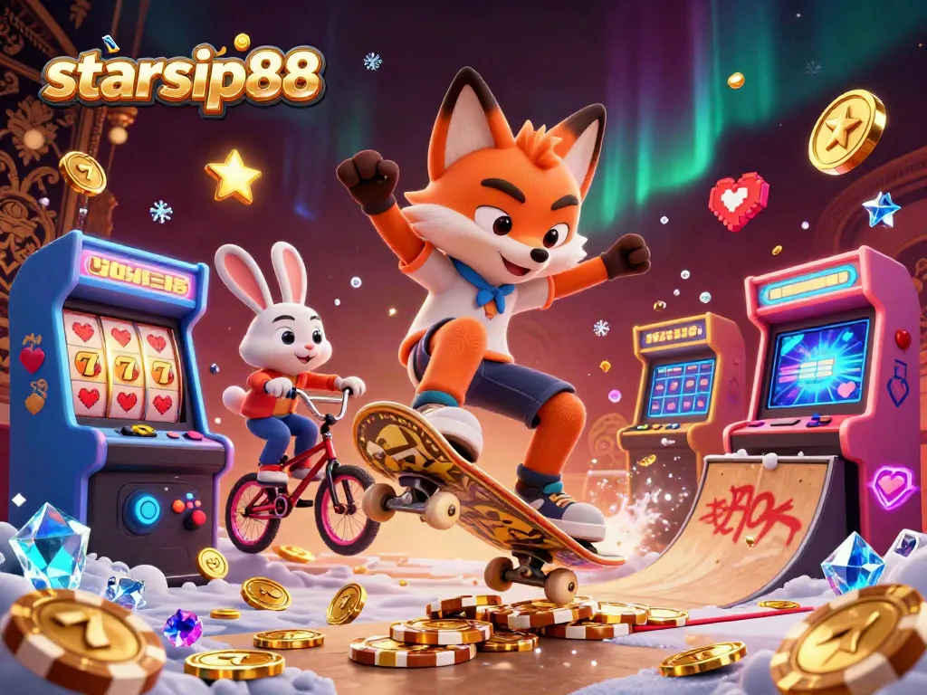 Experience the thrill of starsip88 with a cartoon fox and rabbit performing tricks amid vibrant casino symbols.