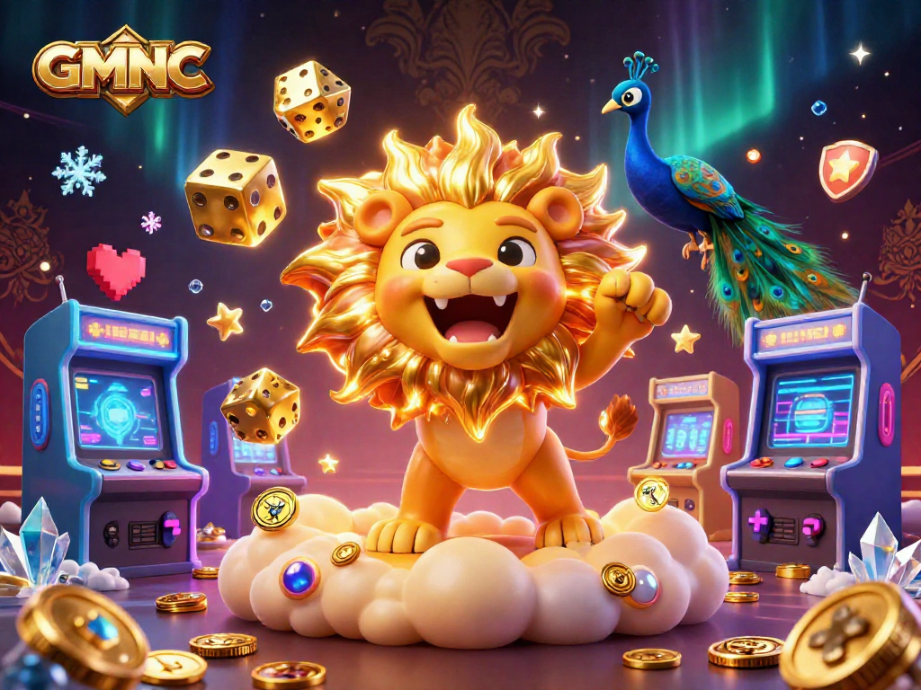 Experience the thrill of GMNC with a roaring lion and dazzling casino elements in this vibrant illustration.
