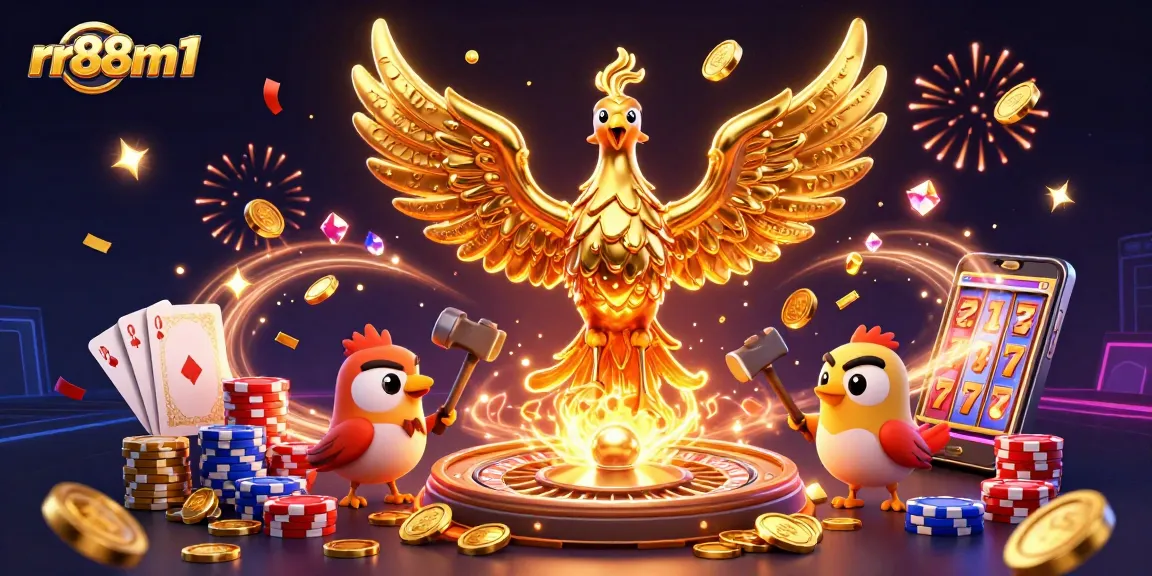 Engage with rr88m1 in this vibrant casino scene featuring a molten phoenix and dynamic gaming elements.