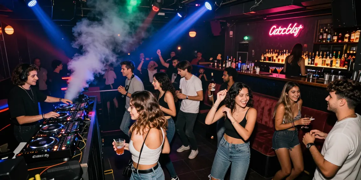 Hit club vibrant nightlife scene with dancing crowds, DJ, and cocktails