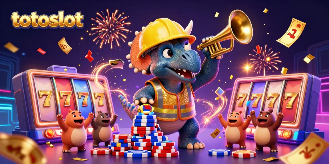 Totoslot showcases a vibrant casino scene with a triceratops building poker chips, celebrating with confetti.