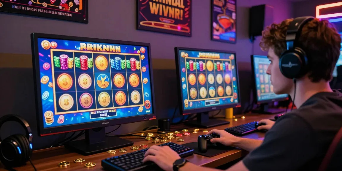 Pengalaman bermain slot jackpot dengan kemenangan di layar komputer dan koin berserakan.