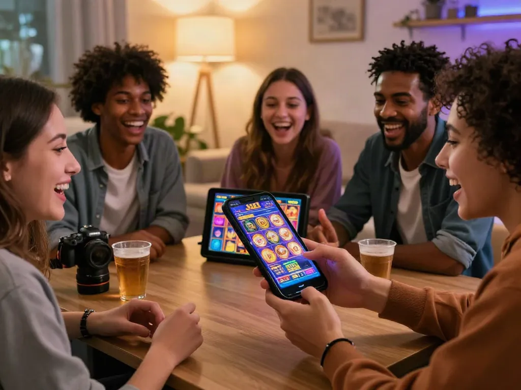 Group of friends enjoying luxury12 online slots game in a cozy atmosphere