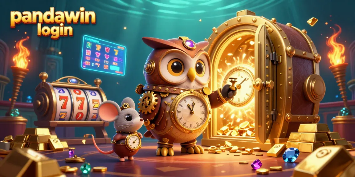 Pandawin login displays vibrant casino elements and rich treasures in a dynamic 3D illustration.