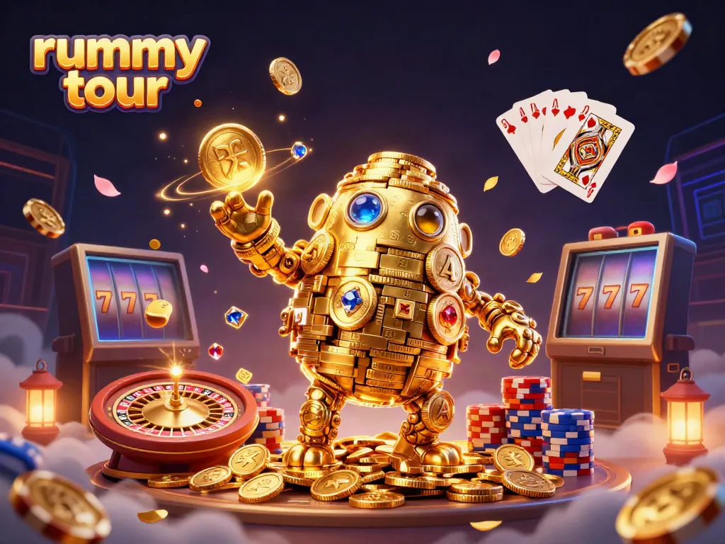 Rummy tour menyuguhkan permainan mengasyikkan dengan golem emas dan koin bersinar menyebar.