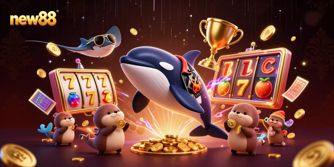 Experience the excitement of new88 with an orca whale and otters celebrating casino wins amidst vibrant slot elements.