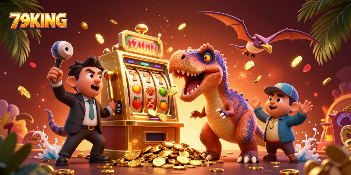 79KING legendary casino scene shows a pachycephalosaurus winning jackpots amidst flying coins and excited characters.