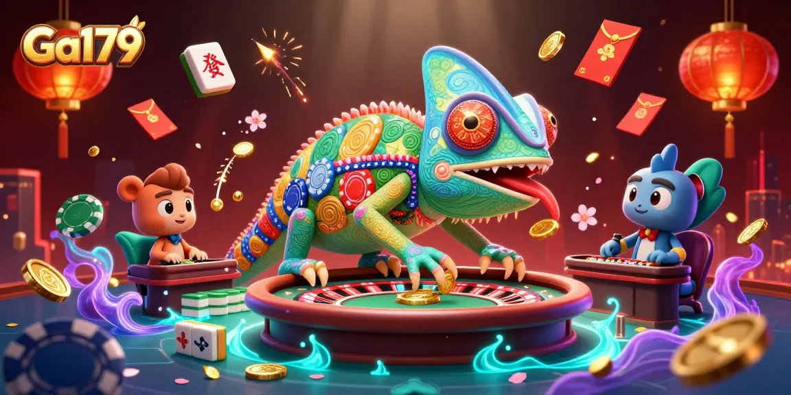 Play Ga179 with the vibrant chameleon casino owner, collecting golden coins and enjoying a festive atmosphere.