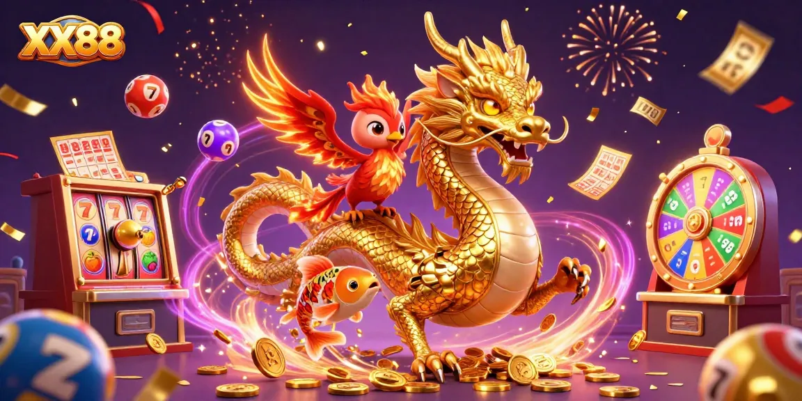 Engage in the exciting world of XX88 with slot reels, a golden dragon, and vibrant lottery elements.