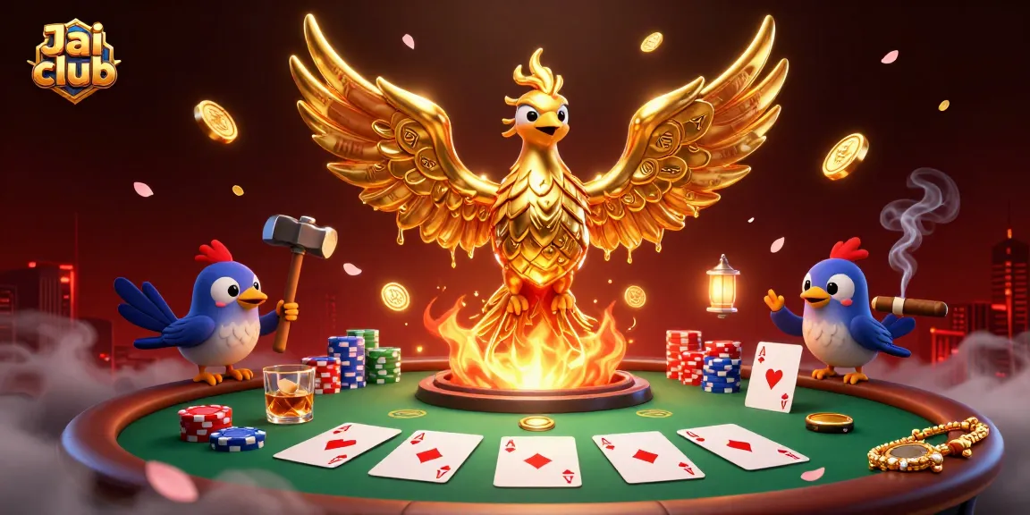 Join exciting gameplay on Jai club, featuring a phoenix and poker elements in a vibrant 3D illustration.
